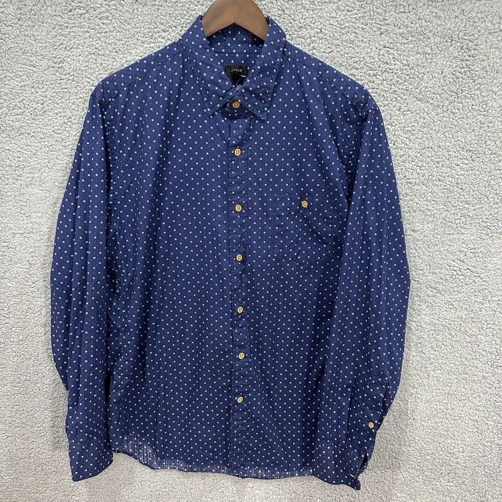 J.Crew Button Up Shirt Mens Large Blue Geometric Long Sleeve Cotton Preppy‎
